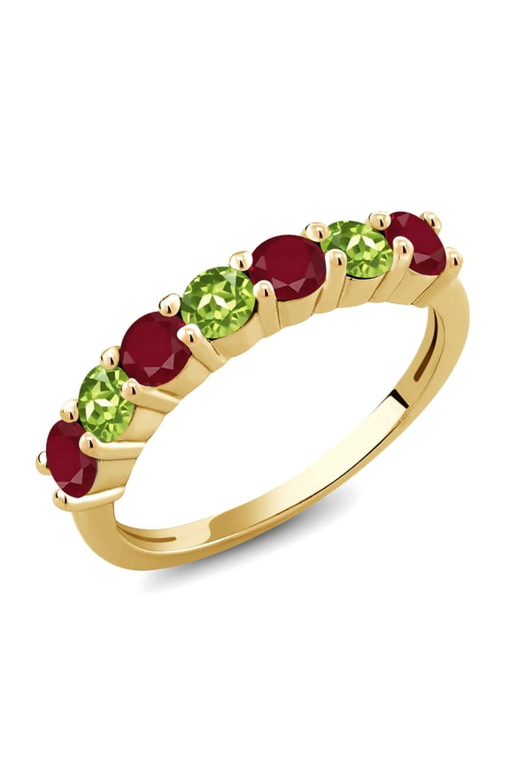 18K Yellow Gold Plated Silver Round Red Ruby Green Peridot Anniversary Ring for Women (1.62 Cttw, Gemstone Birthstone, Size 9) (Size 9)