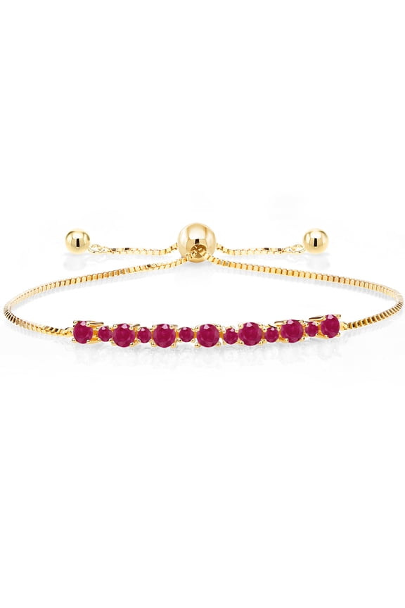 18K Yellow Gold Plated Silver Round Red Ruby Tennis Bracelet for Women | 1.27 Cttw | Gemstone Birthstone | Round 3MM and 1.7MM | Fully Adjustable up to 9 inch