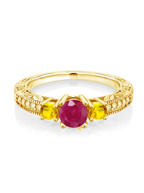 18K Yellow Gold Plated Silver Round Red Ruby and Yellow Sapphire Ring for Women (0.95 Cttw, Gemstone Birthstone, Size 5)