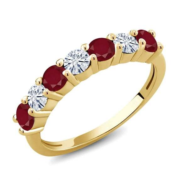 Gem Stone King 18K Yellow Gold Plated Silver Round Ruby Moissanite Anniversary Ring for Women (1.48 Cttw, Gemstone Birthstone, Size 7)