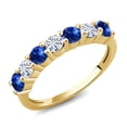 thumbnail image 1 of Gem Stone King 18K Yellow Gold Plated Silver Round Sapphire and Moissanite Anniversary Ring for Women | 1.36 Cttw | Gemstone Birthstone | Round 3.5MM | Available in Size 5, 6, 7, 8, 9, 1 of 4