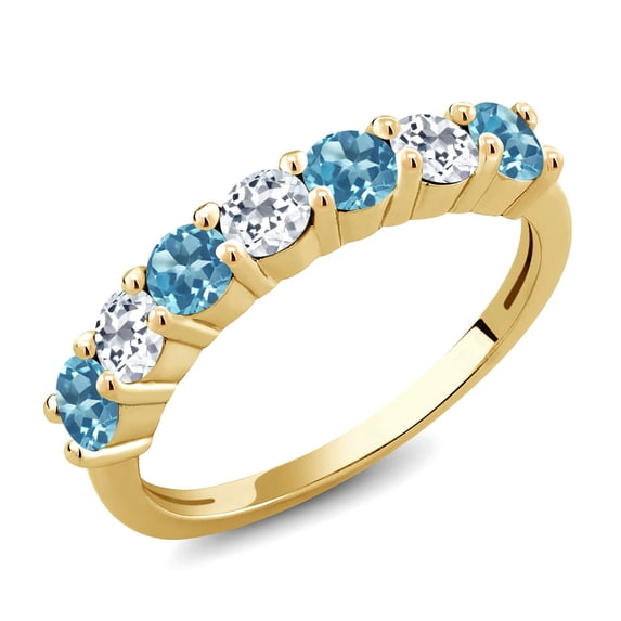 Gem Stone King 18K Yellow Gold Plated Silver Round Swiss Blue Topaz White Topaz Anniversary Ring for Women (1.45 Cttw, Gemstone Birthstone, Available in Size 5, 6, 7, 8, 9)