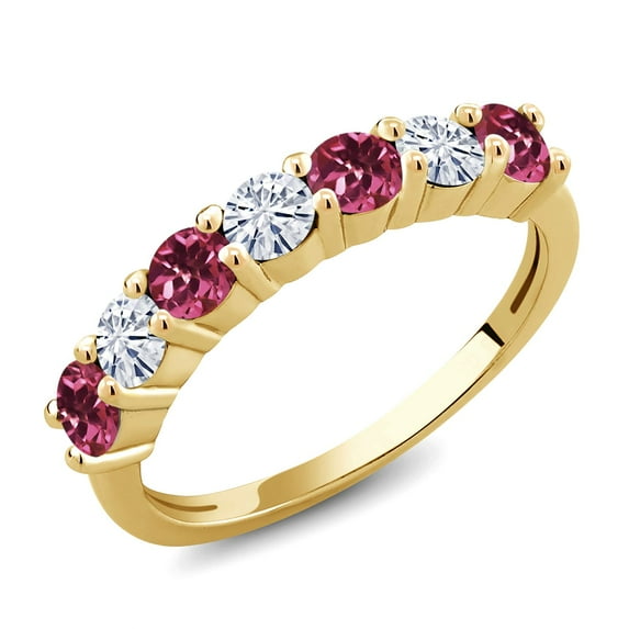 Gem Stone King 18K Yellow Gold Plated Silver Round Tourmaline Moissanite Anniversary Ring for Women (1.08 Cttw, Gemstone Birthstone, Size 5)