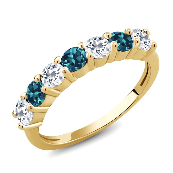 Gem Stone King 18K Yellow Gold Plated Silver Round White Topaz London Blue Topaz Anniversary Ring for Women (1.52 Cttw, Gemstone Birthstone, Size 6) (Size 6)