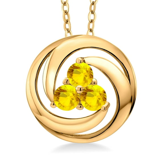 Gem Stone King 18K Yellow Gold Plated Silver Round Yellow Sapphire 3 Stone Circle Pendant Necklace for Women (1.08 Cttw, Gemstone September Birthstone, With 18 inch Chain)