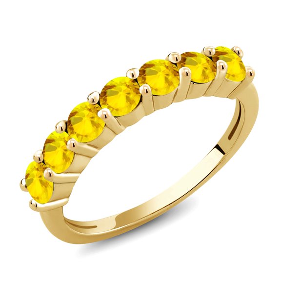 Gem Stone King 18K Yellow Gold Plated Silver Round Yellow Sapphire Anniversary Ring for Women (1.12 Cttw, Gemstone Birthstone, Size 5)