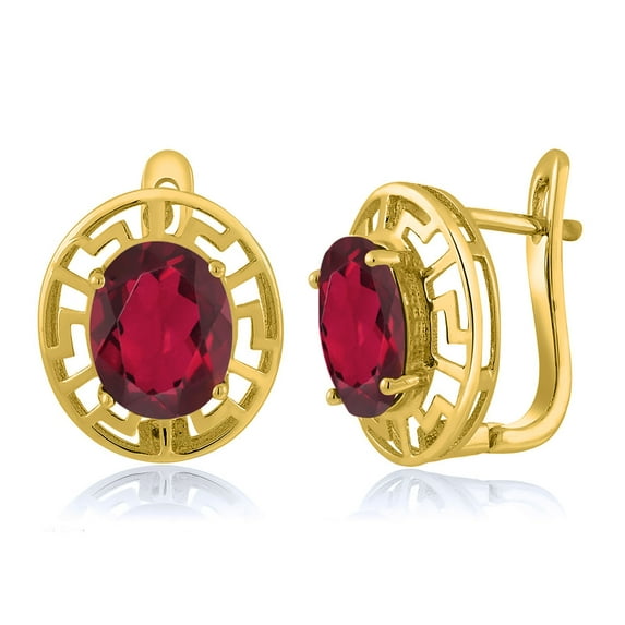 Gem Stone King 18K Yellow Gold Plated Silver Ruby Red Mystic Quartz Greek Key Earrings for Women (5.40 Cttw, Gemstone Birthstone, Oval 10X8MM)