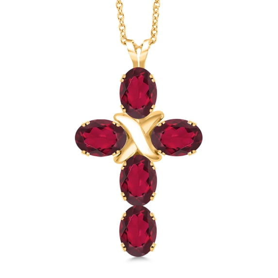 Gem Stone King 18K Yellow Gold Plated Silver Ruby Red Mystic Topaz Cross Pendant Necklace for Women (2.50 Cttw, Gemstone, Oval 6X4MM, With 18 inch Silver Chain)