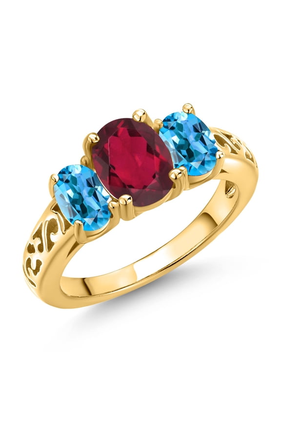 18K Yellow Gold Plated Silver Ruby Red Mystic Topaz and Swiss Blue Topaz Filigree Style 3 Stone Ring for Women (2.40 Cttw, Oval 8X6MM and 6X4MM) (Size 9)