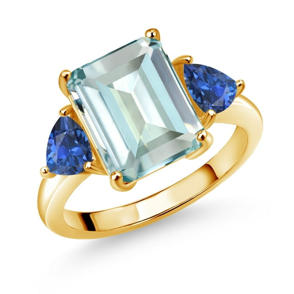 Gem Stone King 18K Yellow Gold Plated Silver Simulated Aquamarine and Blue Created Sapphire 3 Stone Ring for Women (6.49 Cttw, Octagon 12X10MM, Trillion 5X5MM, Gemstone March Birthstone, Size 7)