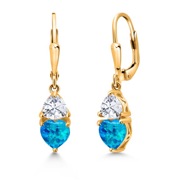 Gem Stone King 18K Yellow Gold Plated Silver Simulated Blue Opal and White Moissanite Dangle Leverback Earrings for Women (2.44 Cttw, Gemstone October Birthstone, Heart Shape 6MM, Trillion 5MM)