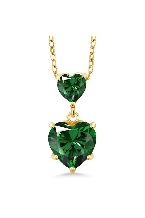 18K Yellow Gold Plated Silver Simulated Green Nano Emerald Double Heart Pendant Necklace for Women (1.30 Cttw, Heart 8MM and 5MM, with 18 inch Silver Chain)