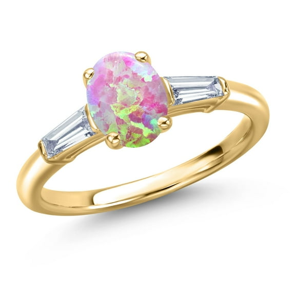 Gem Stone King 18K Yellow Gold Plated Silver Simulated Pink Opal and Lab Grown Diamond Engagement Ring for Women | 1.35 Cttw | Oval Cabochon 8X6MM | Gemstone October Birthstone | Size 5