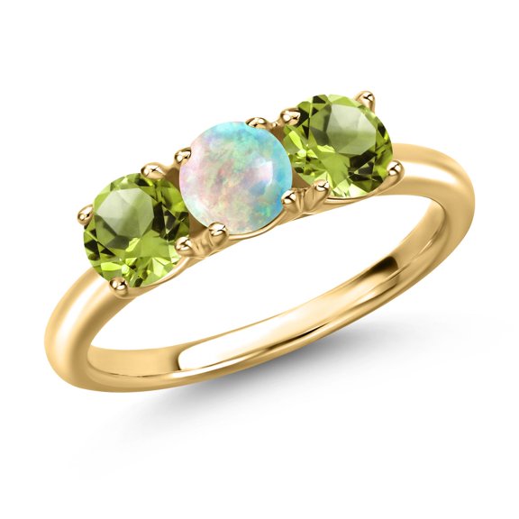 Gem Stone King 18K Yellow Gold Plated Silver Simulated White Opal and Green Peridot Engagement Ring for Women | 1.60 Cttw | Round Cabochon 5MM | Gemstone October Birthstone | Size 5