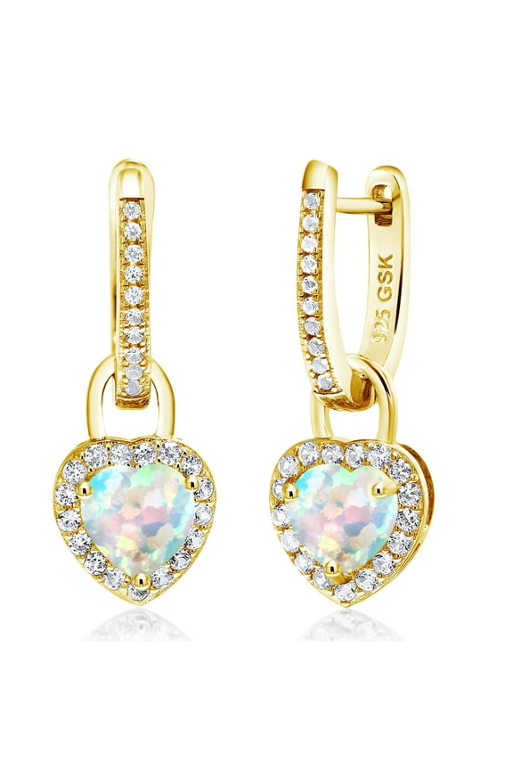 18K Yellow Gold Plated Silver Simulated White Opal and White Created Sapphire Dangle Earrings for Women (2.00 Cttw, Gemstone October Birthstone, Heart Shape 6MM)