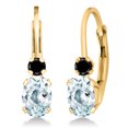 thumbnail image 1 of Gem Stone King 18K Yellow Gold Plated Silver Sky Blue Aquamarine and Black Diamond Leverback Earrings for Women (1.07 Cttw, Gemstone March Birthstone, Oval 6X4MM, Round 2MM, 3/4 inch), 1 of 5
