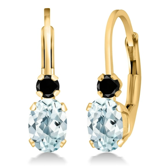 Gem Stone King 18K Yellow Gold Plated Silver Sky Blue Aquamarine and Black Diamond Leverback Earrings for Women (1.07 Cttw, Gemstone March Birthstone, Oval 6X4MM, Round 2MM, 3/4 inch)