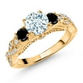 thumbnail image 1 of Gem Stone King 18K Yellow Gold Plated Silver Sky Blue Aquamarine Black Diamond and White Moissanite Engagement Ring for Women (1.22 Cttw, Gemstone March Birthstone, Round 6MM and 3MM, Size 8), 1 of 4