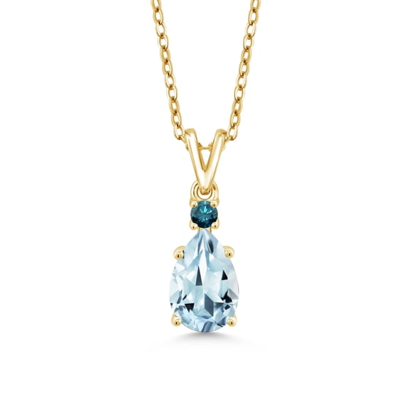Gem Stone King 18K Yellow Gold Plated Silver Sky Blue Aquamarine and Blue Diamond Pendant Necklace for Women (1.22 Cttw, Gemstone March Birthstone, Pear Shape 9X6MM, with 18 inch Chain)