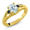 thumbnail image 1 of Gem Stone King 18K Yellow Gold Plated Silver Sky Blue Aquamarine and Blue Sapphire 3 Stone Engagement Ring for Women | 1.29 Cttw | Oval 8X6MM | Round 2MM | Gemstone March Birthstone | Size 5, 1 of 4