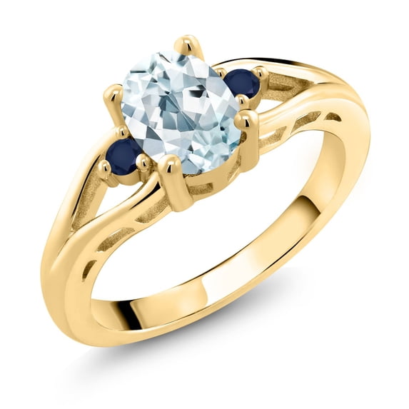 Gem Stone King 18K Yellow Gold Plated Silver Sky Blue Aquamarine and Blue Sapphire 3 Stone Engagement Ring for Women | 1.29 Cttw | Oval 8X6MM | Round 2MM | Gemstone March Birthstone | Size 7