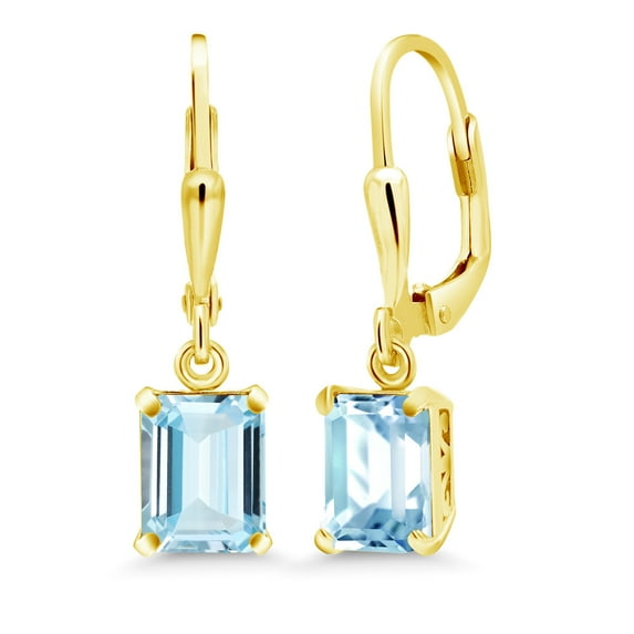 Gem Stone King 18K Yellow Gold Plated Silver Sky Blue Aquamarine Dangle Earrings for Women (2.80 Cttw, Gemstone March Birthstone, Octagon 8X6MM)