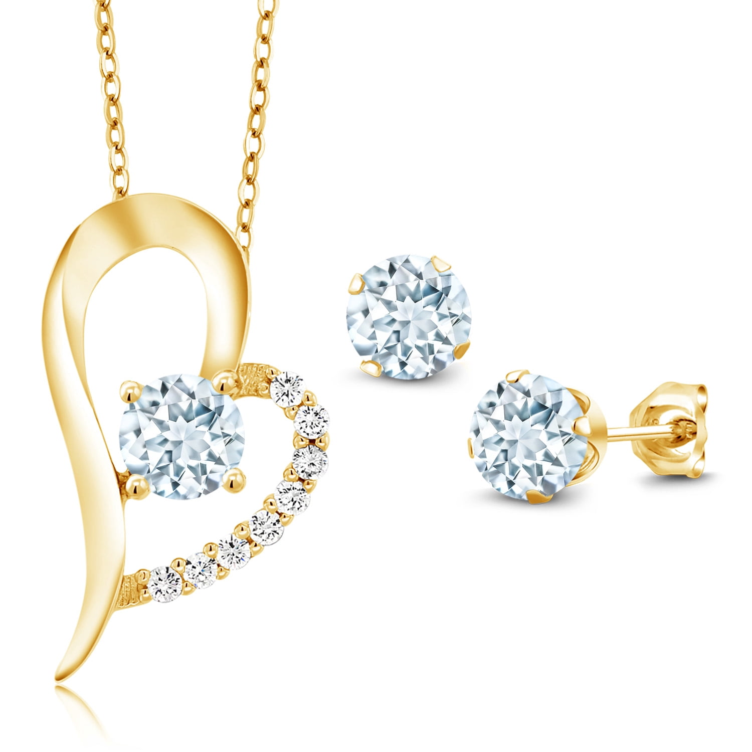 Gem Stone King 18K Yellow Gold Plated Silver Sky Blue Aquamarine Pendant and Earrings Jewelry Set for Women (2.57 Cttw, Gemstone March Birthstone, Round 6MM)
