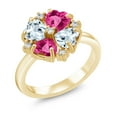 thumbnail image 1 of Gem Stone King 18K Yellow Gold Plated Silver Sky Blue Aquamarine and Pink Created Sapphire Ring for Women (2.11 Cttw, Heart Shape 5MM, Gemstone March Birthstone, Size 9), 1 of 3