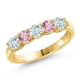 thumbnail image 1 of Gem Stone King 18K Yellow Gold Plated Silver Sky Blue Aquamarine and Pink Lab Grown Diamond Wedding-Bands Ring for Women | 0.87 Cttw | Round 3.5MM | Gemstone March Birthstone | Size 7, 1 of 6