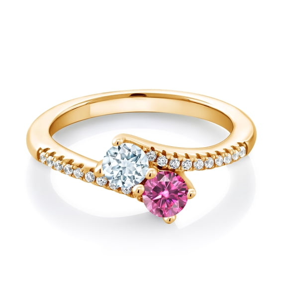 Gem Stone King 18K Yellow Gold Plated Silver Sky Blue Aquamarine and Pink Moissanite Bypass Ring for Women (0.72 Cttw, Gemstone March Birthstone, Round 4MM, Size 9)
