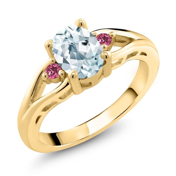 Gem Stone King 18K Yellow Gold Plated Silver Sky Blue Aquamarine and Pink Tourmaline 3 Stone Engagement Ring for Women | 1.26 Cttw | Oval 8X6MM | Round 2MM | Gemstone March Birthstone | Size 6