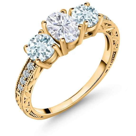 Gem Stone King 18K Yellow Gold Plated Silver Sky Blue Aquamarine Ring Set with Moissanite (2.02 Cttw) (Size 6)