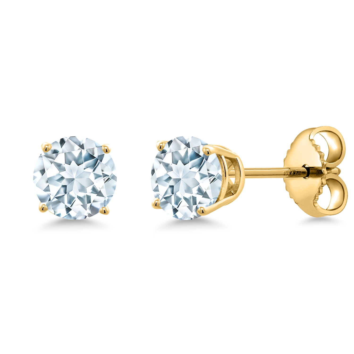 Gem Stone King 18K Yellow Gold Plated Silver Sky Blue Aquamarine Stud Earrings for Women | 0.50 Cttw | Gemstone March Birthstone | Round 4MM