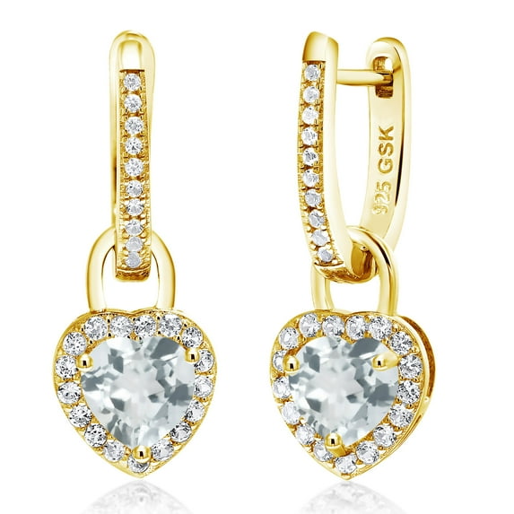 Gem Stone King 18K Yellow Gold Plated Silver Sky Blue Aquamarine and White Created Sapphire Dangle Earrings for Women (1.96 Cttw, Gemstone March Birthstone, Heart Shape 6MM)