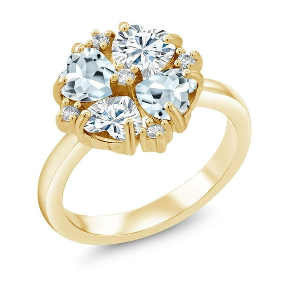 Gem Stone King 18K Yellow Gold Plated Silver Sky Blue Aquamarine and White Moissanite Ring for Women (1.75 Cttw, Heart Shape 5MM, Gemstone March Birthstone, Size 9)