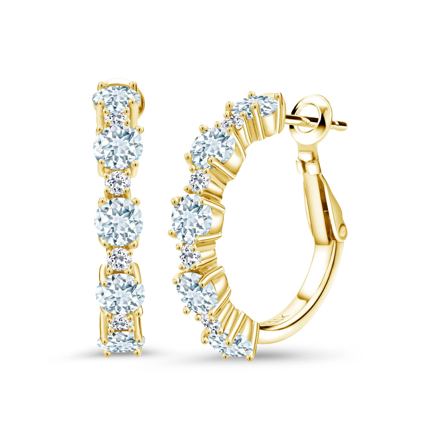 Gem Stone King 18K Yellow Gold Plated Silver Sky Blue Aquamarine and White Topaz Hoop Earrings for Women (2.82 Cttw, Round 4MM and 1.9MM, Gemstone Birthstone 1 inch Diameter)