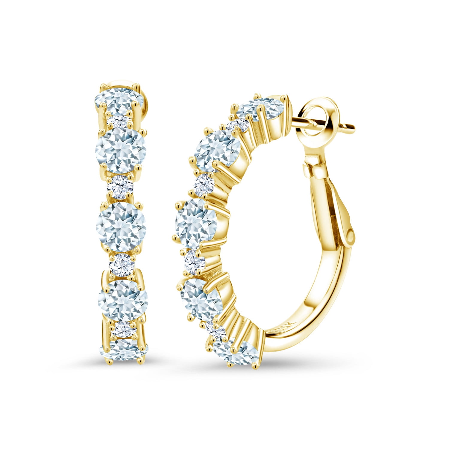 Gem Stone King 18K Yellow Gold Plated Silver Sky Blue Aquamarine and White Zirconia Hoop Earrings for Women (2.74 Cttw, Round 4MM and 1.9MM, Gemstone Birthstone 1 inch Diameter)