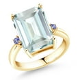 thumbnail image 1 of Gem Stone King 18K Yellow Gold Plated Silver Sky Blue Simulated Aquamarine and Blue Tanzanite Ring for Women | 6.72 Cttw | Emerald Cut 14x10MM | 3 Stone Wedding Engagement Anniversary Ring | Size 7, 1 of 4
