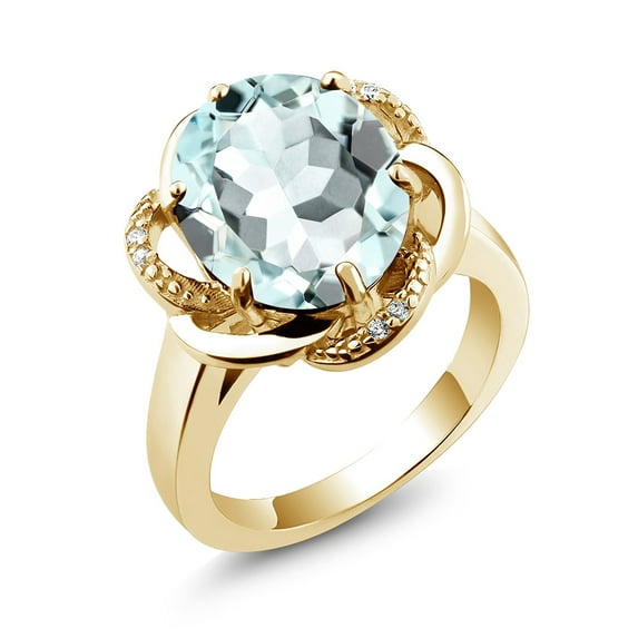 Gem Stone King 18K Yellow Gold Plated Silver Sky Blue Simulated Aquamarine Engagement Ring for Women (4.07 Cttw, Gemstone March Birthstone, Oval 12X10MM, Size 5)