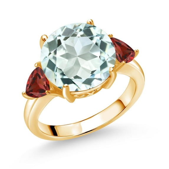 Gem Stone King 18K Yellow Gold Plated Silver Sky Blue Simulated Aquamarine and Red Garnet 3-Stone Ring for Women (7.78 Cttw, Round 12MM, Trillion 5MM, Size 5)
