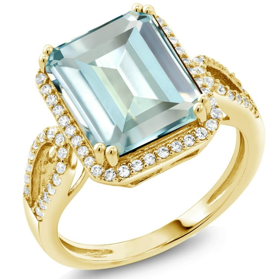 Gem Stone King 18K Yellow Gold Plated Silver Sky Blue Simulated Aquamarine Ring for Women (6.23 Cttw, Emerald Cut 12X10MM, Gemstone Birthstone, Available in Size 5, 6, 7, 8, 9)
