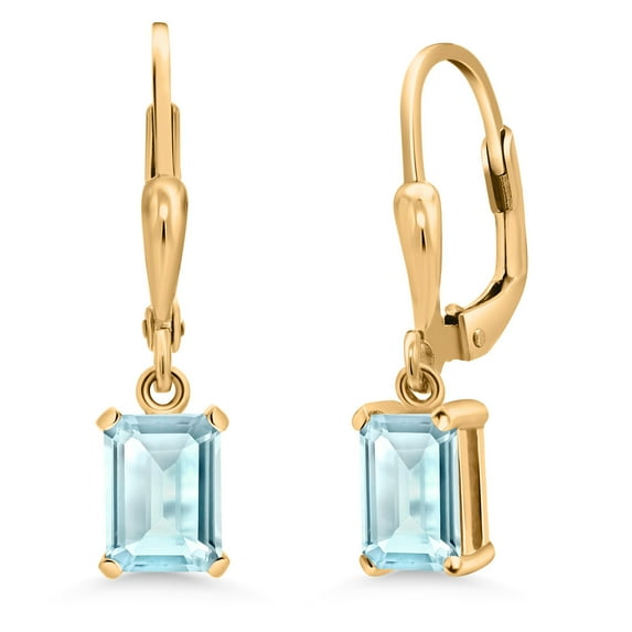 Gem Stone King 18K Yellow Gold Plated Silver Sky Blue Topaz Drop Dangle Earrings for Women (2.3 Cttw, Gemstone November Birthstone, Emerald Cut 7X5MM)