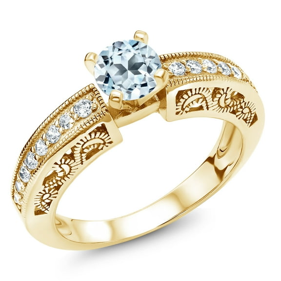 Gem Stone King 18K Yellow Gold Plated Silver Sky Blue Topaz Engagement Filigree Ring for Women (1.59 Cttw, Round 6MM, Gemstone November Birthstone, Size 5)