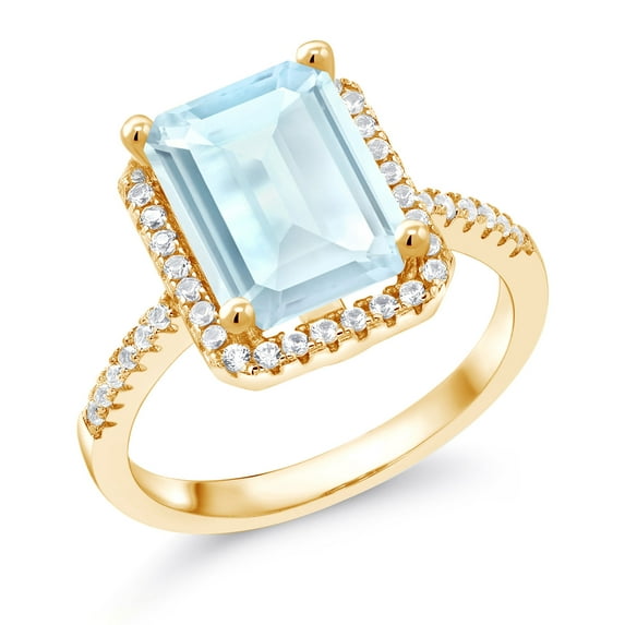 Gem Stone King 18K Yellow Gold Plated Silver Sky Blue Topaz Engagement Ring for Women (4.36 Cttw, Emerald Cut 10X8MM, Gemstone November Birthstone, Size 9)