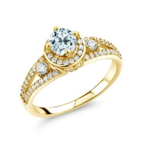 Gem Stone King 18K Yellow Gold Plated Silver Sky Blue Topaz Engagement Ring for Women (1.64 Cttw, Round 5MM, Gemstone November Birthstone, Size 6)