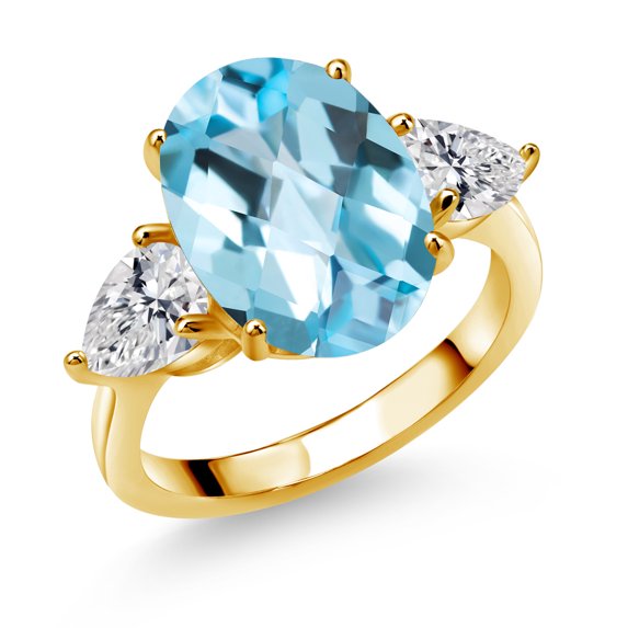 Gem Stone King 18K Yellow Gold Plated Silver Sky Blue Topaz and Lab Grown Diamond Engagement Ring for Women | 8.24 Cttw | Oval Checkerboard 14X10MM | Gemstone November Birthstone | Size 8