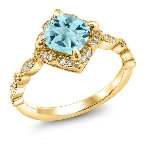 Gem Stone King 18K Yellow Gold Plated Silver Sky Blue Topaz and Moissanite Solitaire Ring for Women (2.34 Cttw, Cushion Cut 7MM, Gemstone, Available in Size 5, 6, 7, 8, 9)