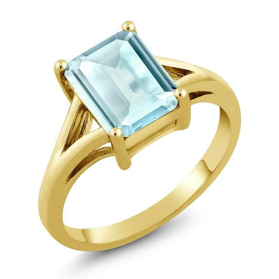 Gem Stone King 18K Yellow Gold Plated Silver Sky Blue Topaz Solitaire Engagement Ring for Women (2.66 Cttw, Emerald Cut 9X7MM, Gemstone November Birthstone, Size 7)