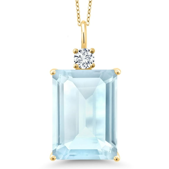Gem Stone King 18K Yellow Gold Plated Silver Sky Blue Topaz and White Lab Grown Diamond Pendant Necklace for Women (20.27 Cttw, Emerald Cut 18X13MM, With 18 inch Silver Chain)