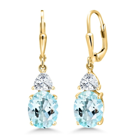 Gem Stone King 18K Yellow Gold Plated Silver Sky Blue Topaz and White Moissanite Dangle Earrings for Women (6.94 Cttw, Gemstone November Birthstone, Oval 10X8MM, Trillion 5MM)